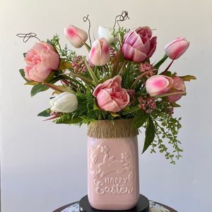 Tulip and Peony Arrangement Pink and White Easter Mason Jar