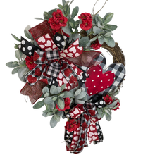 Load image into Gallery viewer, Valentine Day Lambs Ear Heart Wreath, Polka Dot Red Heart Front Door Decor, Grapevine Extra Large Wreath, Love Wreath
