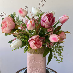 Tulip and Peony Arrangement Pink and White Easter Mason Jar