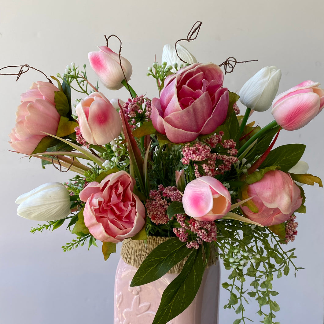 Tulip and Peony Arrangement Pink and White Easter Mason Jar