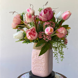 Tulip and Peony Arrangement Pink and White Easter Mason Jar